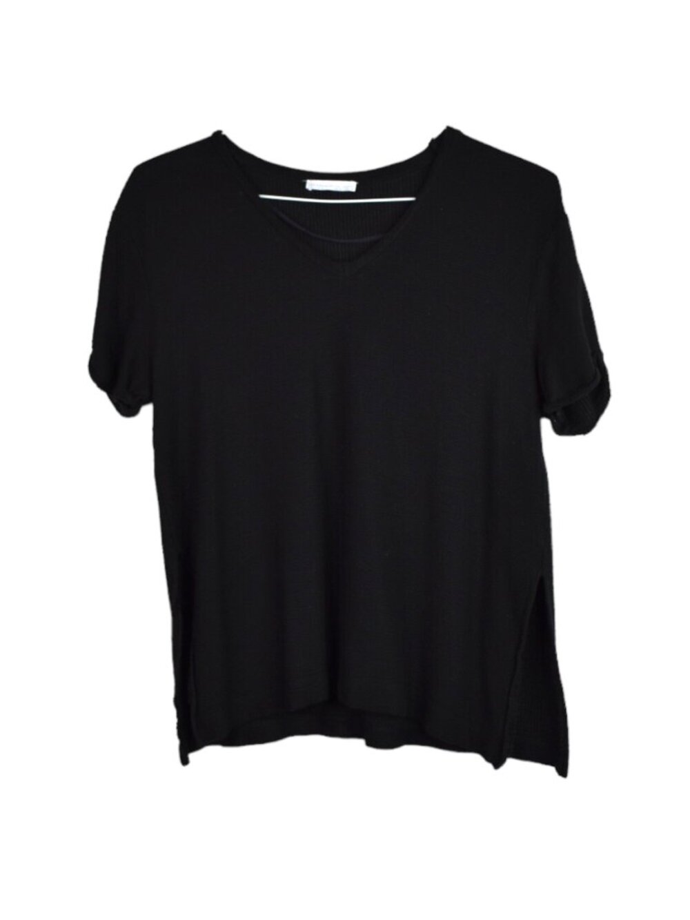 Zara Tee S Womens Black V Neck Slits Short Sleeve Viscose Blend Textured Comfort